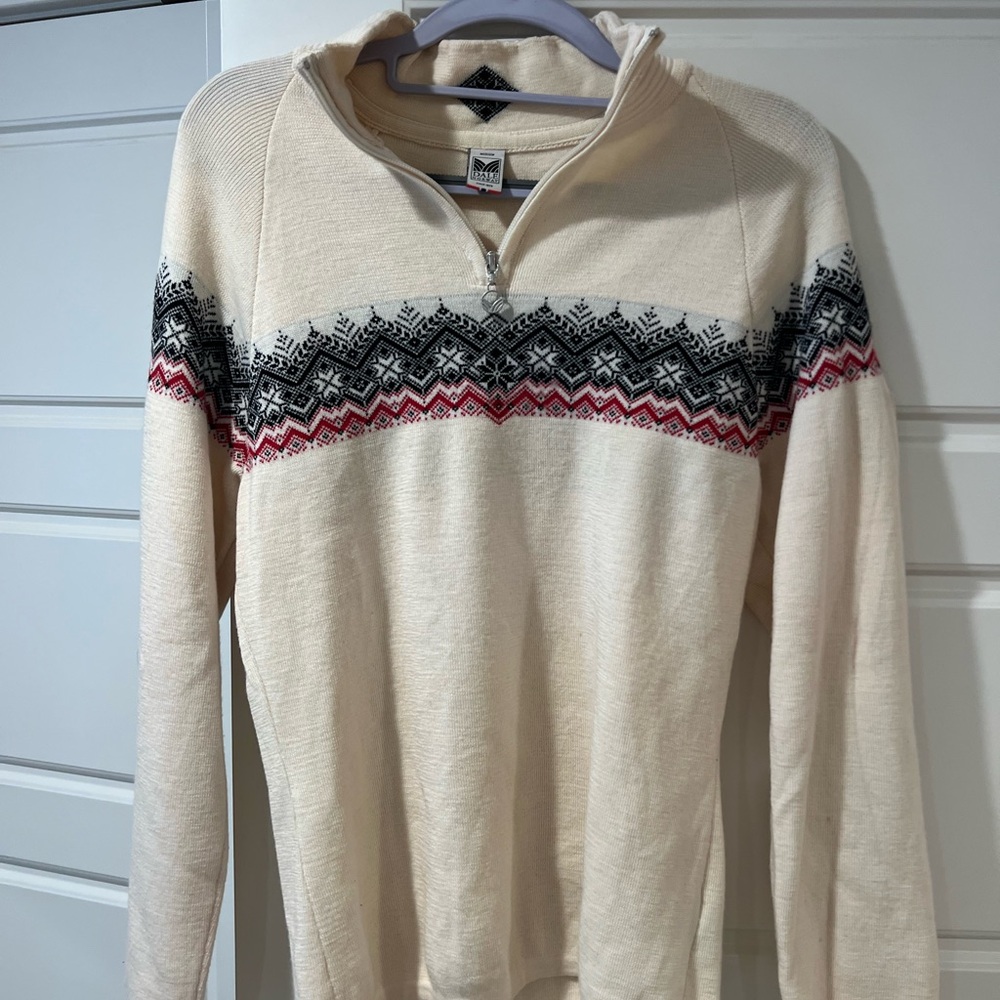 Dale of Norway Cream Zip-Up Sweater with Black and Red Pattern